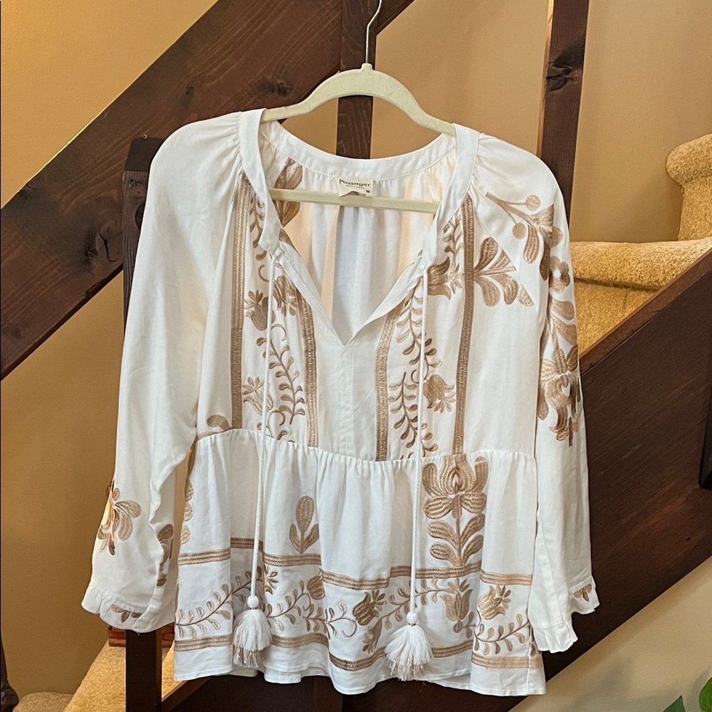 Boho Chic White and Gold Embroidered Blouse